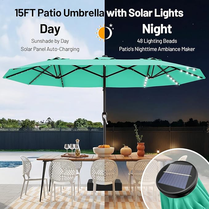 AreShark 15FT Patio Umbrella with Solar Lights, Double Sided Outdoor Table Umbrellas with Crank, Large Rectangular Market Umbrella for Porch, Lawn, Pool, Backyard, Peacock Blue