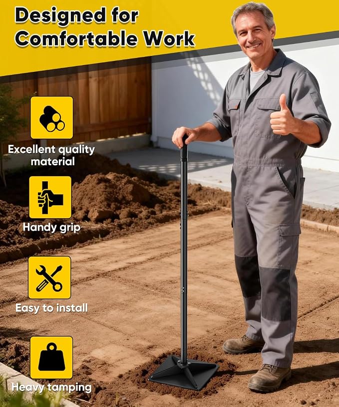10" x 10" Heavy Duty Steel Tamper with 44.7 inch Adjustable Handle & Rubber Grip, Thickened Steel Garden Dirt Tamper Tool for Ground & Gravel Leveling, Soil Tamper for Yard, Sand, Driveway