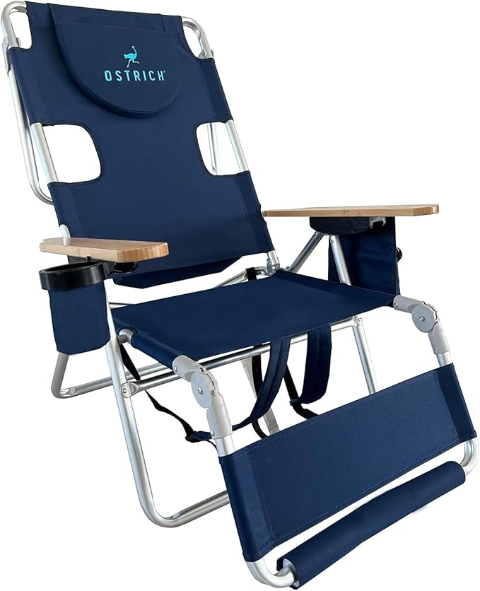 Ostrich the Woody Backpack 3N1 Portable Chair with Cooler Bag and Reclining Lounger for Tanning, Camping, Beach, and Outdoor Essential, Navy Blue