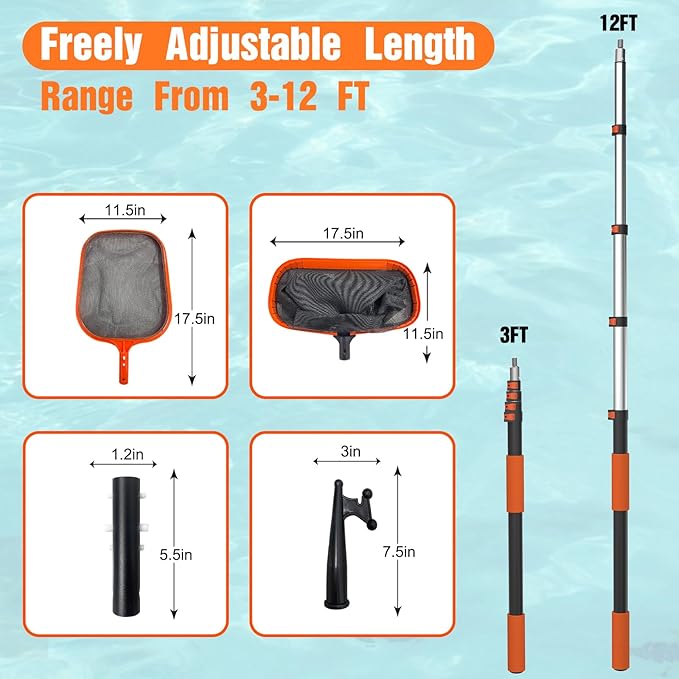 LAANPOLE 4-in-1 Pool Skimmer Net with Pole, Heavy Duty Pool Net and Fine Mesh Leaf Skimmer Net for Above Ground Pool, 12FT Telescopic Pool Pole with Professional Pool Net and Pool Hook for Cleaning