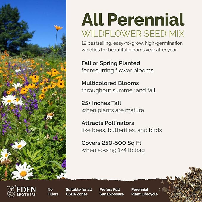 Eden Brothers Annual & Perennial Wildflower Seed Bundle for Planting – 39 Non-GMO, Pollinator Friendly Flower Seed Varieties – Plant in Spring, Zones 3, 4, 5, 6, 7, 8, 9, 10