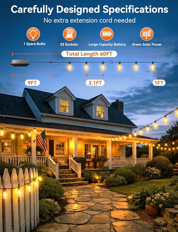 Brightever 60FT Solar String Lights Outdoor Waterproof, Patio Lights Solar Powered with Remote, 25+1 Shatterproof ST38 LED Bulbs 3 Lighting Modes, Dimmable Solar Lights for House, Market, Bistro