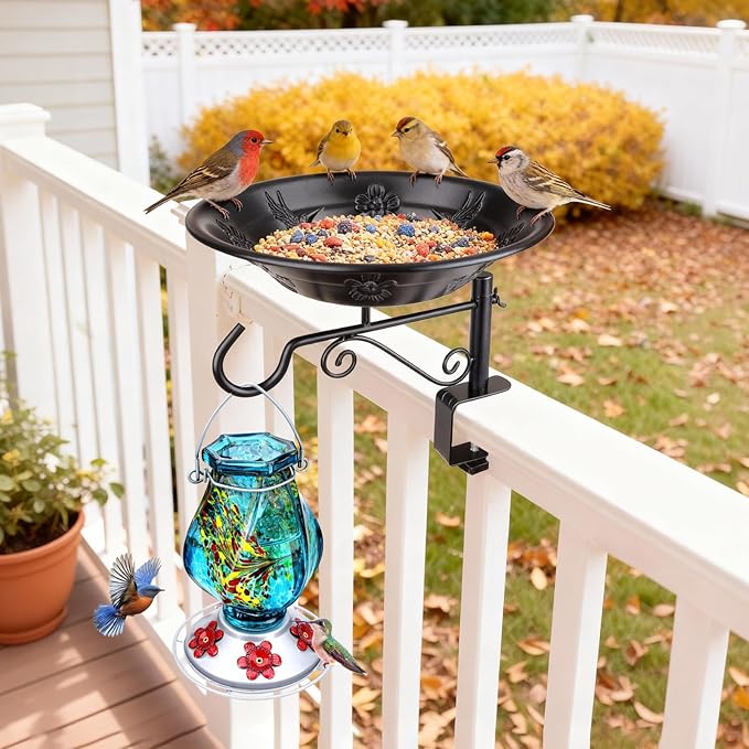 Balcony Bird Feeder, BOLITE Hanging Bird Bath Outdoors Deck Mounted with Garden Decorative Hook for Hanging Planters, Lanterns, Wind Chimes, Gifts for Women Men