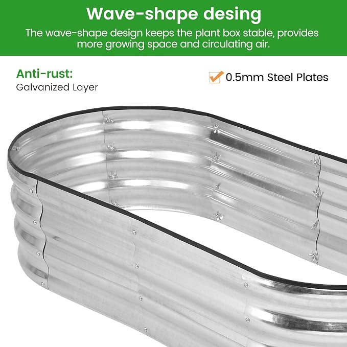 GarveeLife 2 Pcs 4.5x2x1 ft Oval Raised Garden Bed, Galvanized Raised Beds,Open-Ended Base Metal Raised Planter Beds,Planter Raised Boxes for Vegetables, Flowers,Tool-Free Asse,Rubber Edge