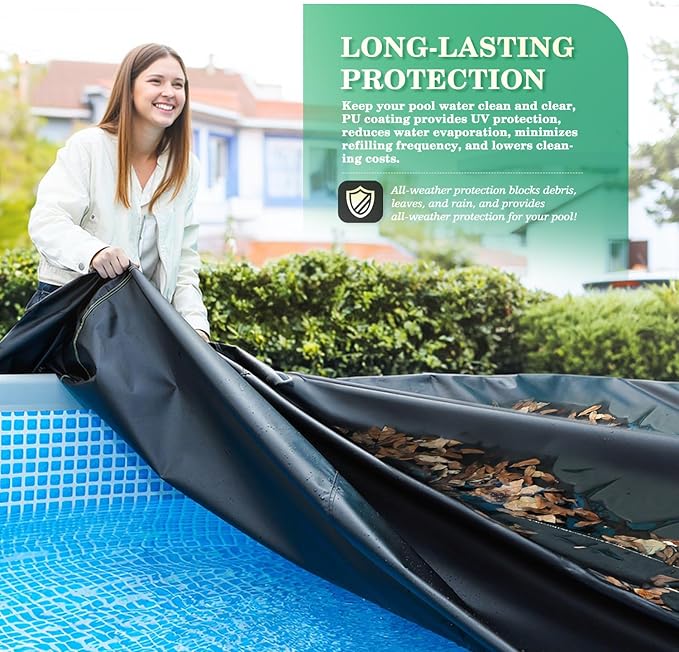UIRWAY 18 Ft Round Pool Cover with Reflective Strips, Swimming Pool Cover for Above Ground Pools, Solar Cover Including Rope Tie and Luminous Ground Nails, PU Tarp Snug Fit for UV Protected
