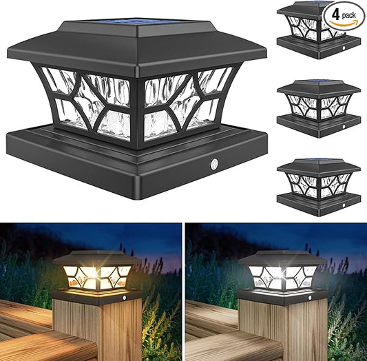 VOLISUN Solar Post Cap Lights Outdoor, Solar Powered Fence Cap Lights for 4x4 Vinyl/Wood, Black Waterproof Solar Deck Post Light 4Pack Cool/Warm for Garden Patio Porch