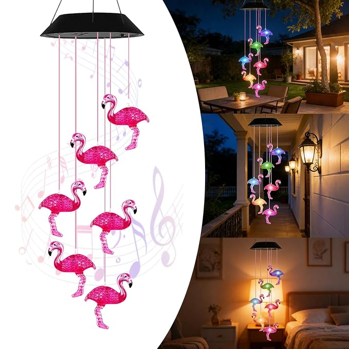 7-Color Light Changing Flamingo Solar Lights for Outside, Solar Lights Gifts for Father's Day, Solar Flamingo Wind Chimes Gifts for Women, Mom, Grandma, Garden Yard Lawn Outdoor Decor Mobiles
