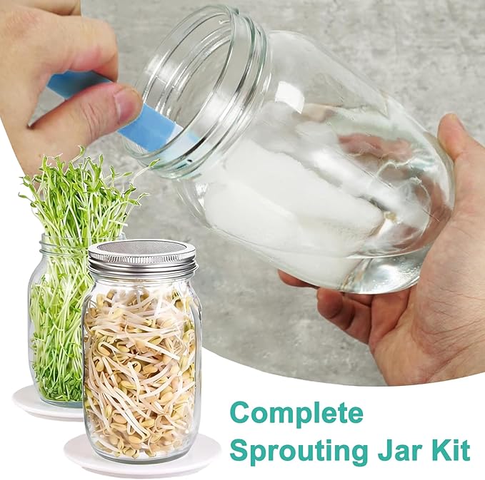 Seed Sprouting Kit, 2 Large 1000ML Wide Mouth Mason Jars with Sprout Lids, Drain Tray, Stainless Steel Stand, Cleaning Brush Sprouts Growing Kit for Sprouts, Bean, Broccoli