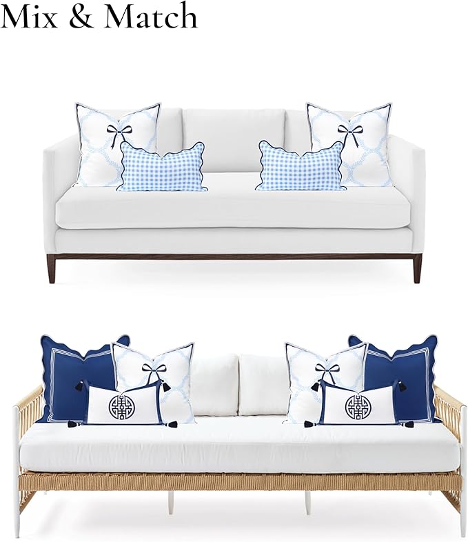 Hofdeco Premium Coastal Hampton Patio Indoor Outdoor Throw Pillow Cover Only, 20"x20" Water Repellent for Backyard, Couch, Poolside, Baby Blue Navy Embroidered Ribbon Bow Tie on Leaves