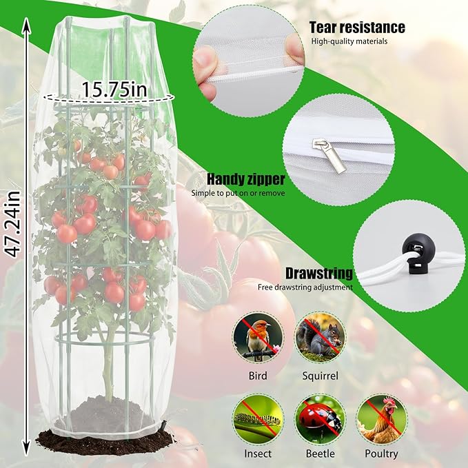 Qunclay 2 Pack Round Tomato Cages with 2 Pcs Garden Bird Netting Cover,57 in Adjustable 4-Tier Tomato Plants Trellis, Drawstring Plant Protection for Vertical Climbing Plants Vegetables Fruits