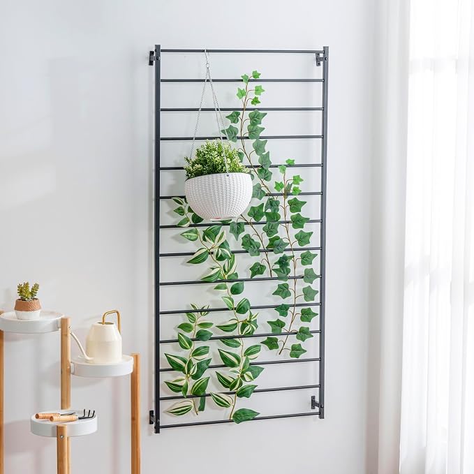 MyGift 4 Foot Tall Modern Matte Black Metal Wall Mounted Horizontal Bars Trellis, Outdoor Hanging Support Frame for Climbing Garden Plants and Crawling Vines, Set of 2
