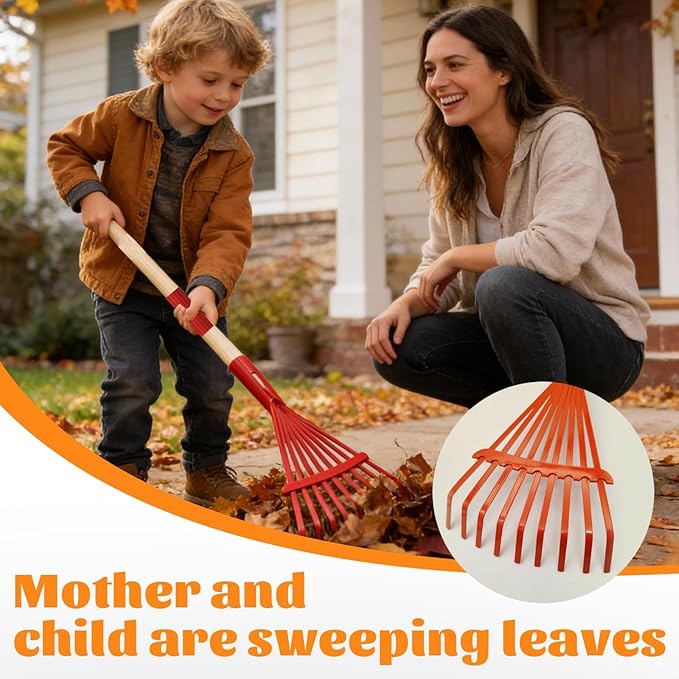 2 Pcs Kids Rake and Shovel Set,28" Toddler Size Metal Snow Shovel & Leaves Rake with Wooden Handle,Real Gardening Tools for Child Age 3 for Little Helpers in Winter Yard Fun