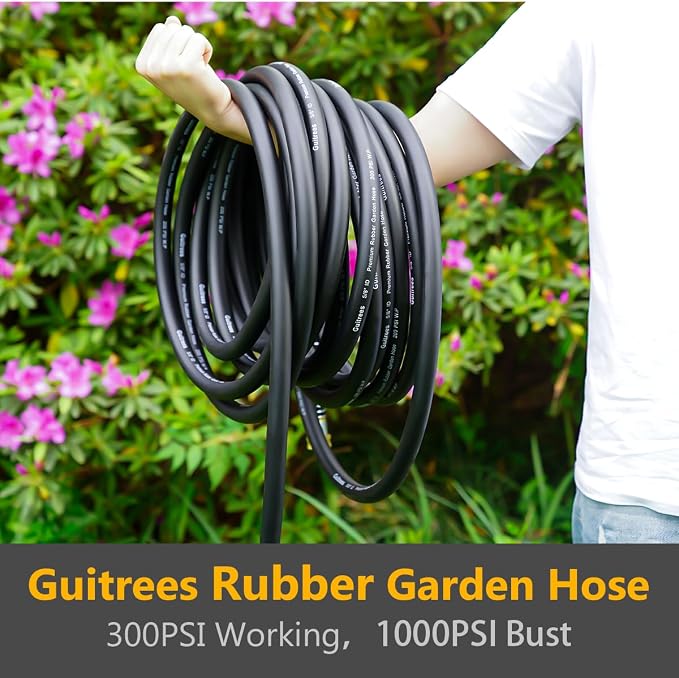 Guitrees 150FT 5/8 Heavy Duty Rubber Garden Hose - 300psi Working, 1000psi Burst - Hot/Cold Water - Five-Layered Braiding for Durability - Versatile for Gardening, Agriculture, Construction(Black)