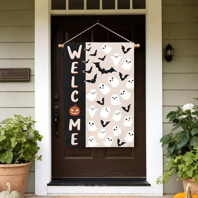 Halloween Welcome House Flag 28x40 Cute Ghost Bat Black Cream Holiday Theme Scary Halloween Decorative Garden Flags for Outside Double Sided Outdoor Home Farmhouse Decoration Yard Porch Decor