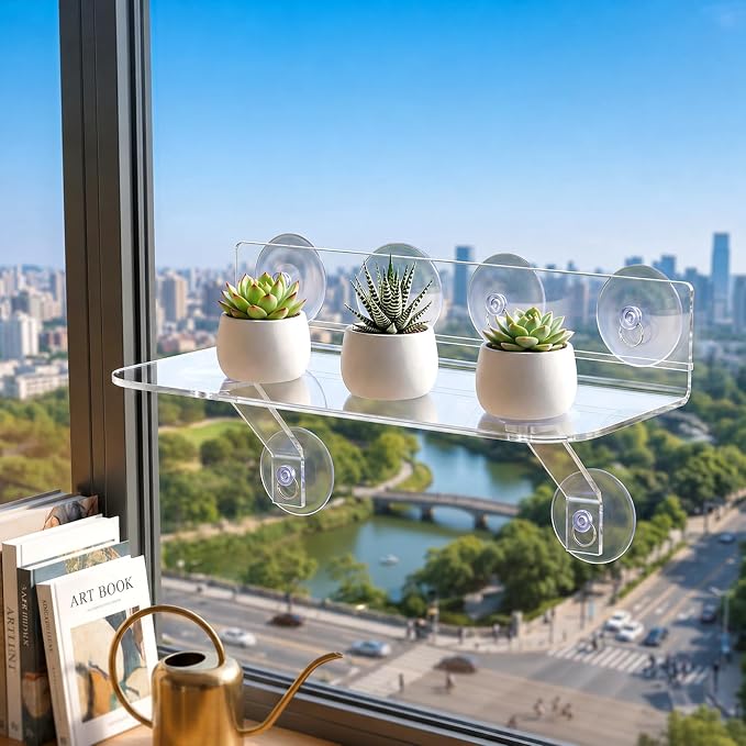 2 Pack Window Plant Floating Shelves, Heavy Duty Acrylic Suction Cup Shelf with Load-Bearing Brackets, 15x6 Inch Extra Wide Transparent Sill Extender for Succulents, Seed Plant, Herb Planters