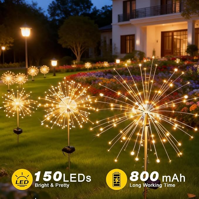 Solar Fireworks Lights for Outside,150 LED 8 Mode Firework LED Solar Fairy Lights Twinkling Tree Outdoor for Garden Yard Landscape Patio Lawn Wedding Christmas Part Decor Warm White (8 Pack)