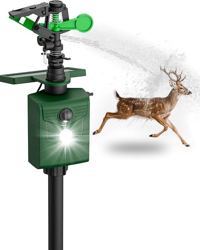 Motion-Activated Sprinkler, Solar Animal Repellent Outdoor - 1 Packs Deer Cat Deterrent with Motion Sensor & Flashing Lights, Protects Yard & Garden from Deer, Cats, Raccoons
