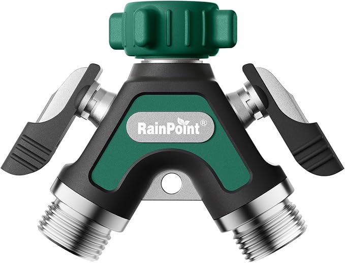RAINPOINT Garden Hose Splitter 2 Way, All Metal Heavy Duty Water Hose Y Splitter With 2.05" Extra Long Side Handle & Shut Off Valves, 3/4 Inch GHT Thread Connector For Spigot Faucet (Dark Green)