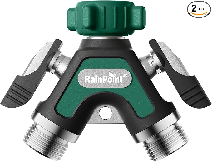 RAINPOINT Garden Hose Splitter 2 Way, All Metal Heavy Duty Water Hose Y Splitter With 2.05" Extra Long Side Handle & Shut Off Valves, 3/4 Inch GHT Thread Connector For Spigot Faucet (Dark Green,2)