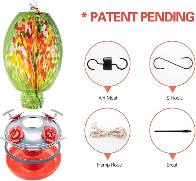Muse Garden Glass Humming Bird Feeders for Outdoors - 27OZ Blown Glass Hummingbird Feeder - Unique Gift Mom Women Grandparents, Outdoors Hanging Garden Decor, Ant Moat & Brush, Green Floral