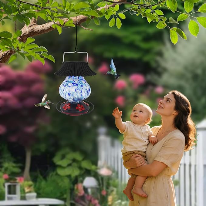 Solar Hummingbird Feeder-5 Feeding Ports with Perch, Hand Blown Glass Blue White Color Changing - Never Leak, Multicolor Night Lights – Perfect Hummingbird Feeder for Outdoors for Nature Enthusiasts
