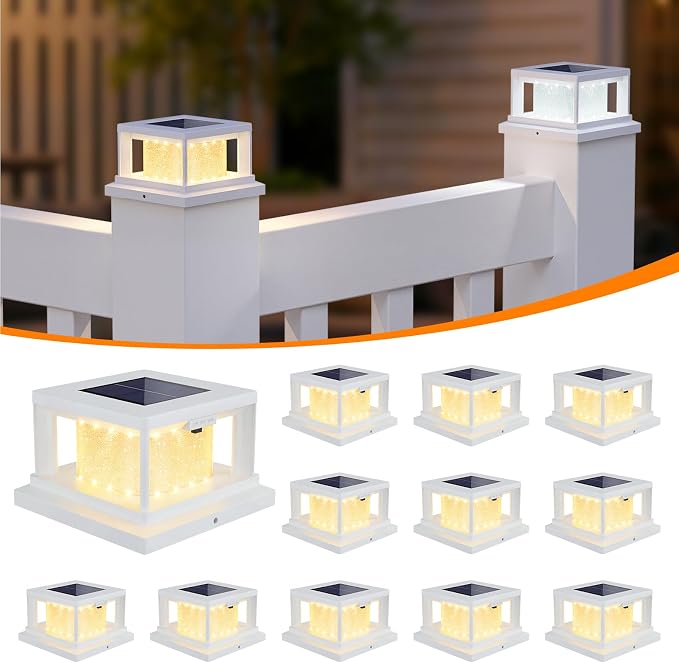 Mlambert 12 Pack Solar Post Lights Outdoor, 2 Modes LED Fence Cap Light for 4x4 Post, Waterproof Deck Light Patio Garden Decor, Warm/Cool White, White
