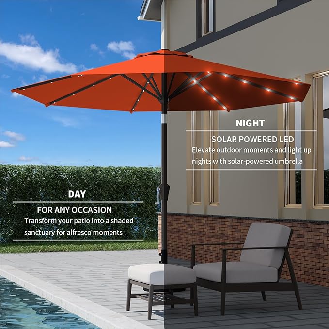 9FT Patio Umbrella with Solar Lights,Outdoor Market Umbrella with Tilt and Crank, LED Lighted Table Umbrella for Garden,Deck,Backyard,Pool,Beach