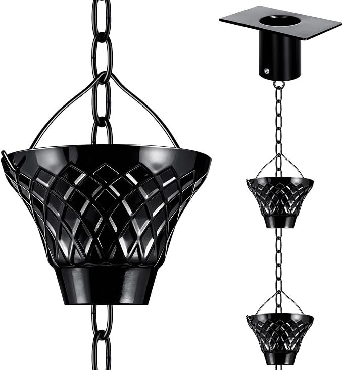 Rain Chains for Gutters Outside 8.5FT Black Rain Catcher Chain with Adapter 12 Cups Decorative Replacement for Downspout