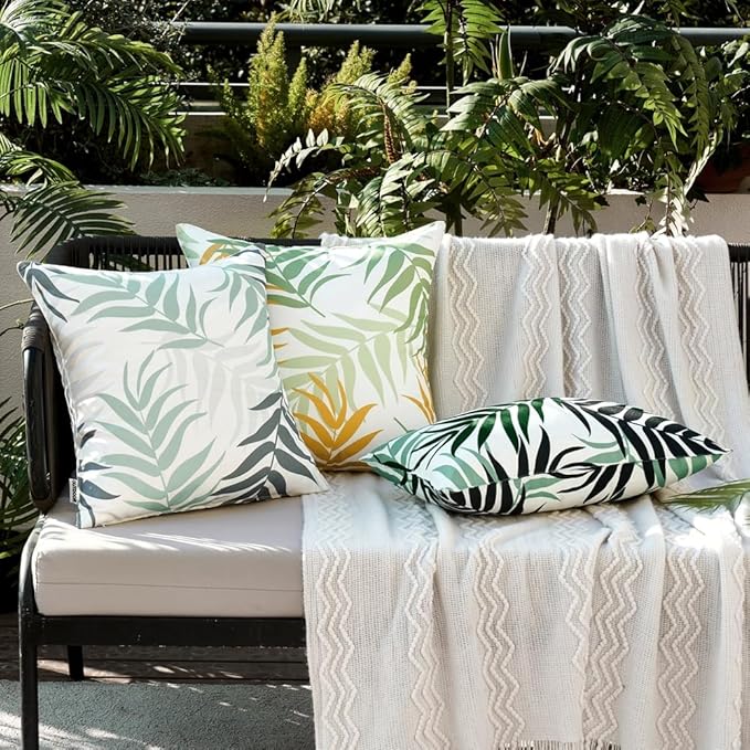 MIULEE Pack of 2 Decorative Outdoor Waterproof Throw Pillow Covers Patio Pillow Cases Natural Leaves Pattern Spring Square Cushion Shams Shell for Garden Balcony Couch 16x16 Inch, Green&Yellow
