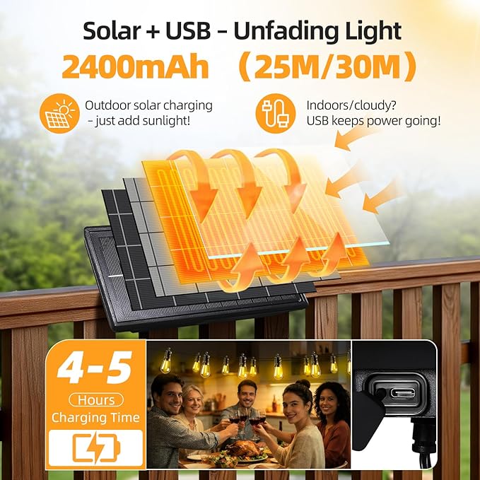 Solar Lights Outdoor Patio Lights: S14 25M 82FT Solar Powered Remote Control 3 Light Modes Dimmable Solar Waterproof Light - Shatterproof Bulbs - Camping Backyard Garden Deck Outside Yard