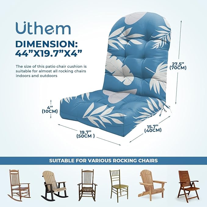 2 Pack Adirondack Chair Cushion Waterproof Indoor Outdoor Rocking Chair Cushion 44 Inches Patio High Back Chair Cushions Thickened Adirondack Rocking Chair Cushions with Ties, Blue Leaf
