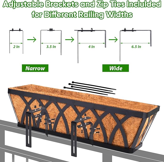 LCHUANG Deck Railing Planter Window Box - 2 Pack 30 Inch Deck Balcony Rail Planter with Coconut Coir Liner, Fence Metal Hanging Flower Planter Basket Deck Railing Planter Boxes for Outdoor Lawn