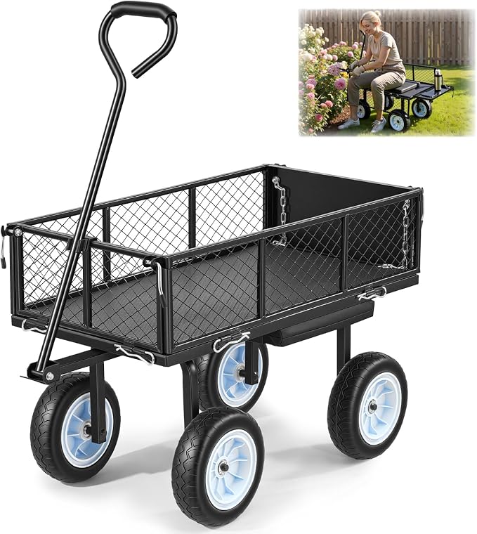 VEVOR 500 LBS Steel Garden Cart with Work Seat, Heavy Duty Garden Wagon Cart on Wheels, Outdoor Metal Utility Yard Wagon Gardening Stool with 10inch Flat Free Tires, Tool Tray & Adjustable Handle