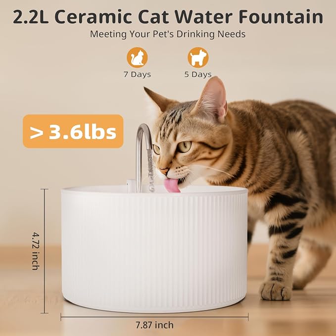 Ceramic Cat Water Fountain, 2.2L/74oz Cupcake Pet Water Fountain for Cats and Dogs, Automatic Pet Drinking Fountain,Double Filtration System, Easy to Clean (White)