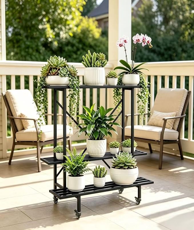 Zhongma 3 Tier Metal Heary Duty Plant Stand with Wheels, 35.43 L x 17.5 W x 38.6H . Space saving Plant Stand