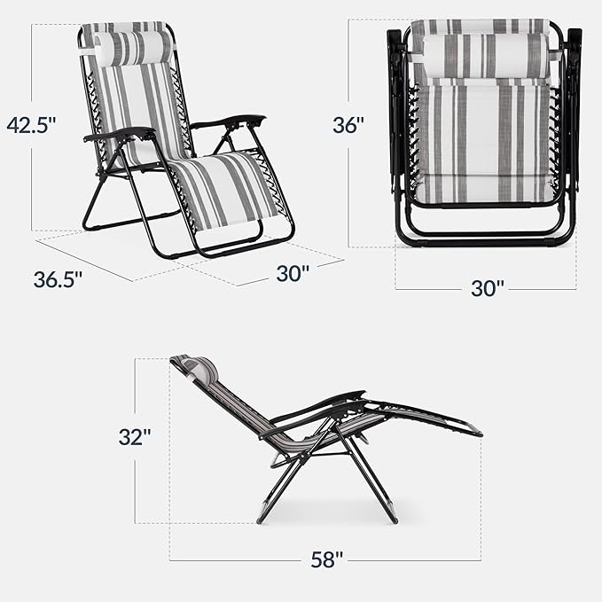 Best Choice Products Set of 2 Extra Wide Adjustable Steel Mesh Zero Gravity Lounge Chair Recliners w/Pillows and Cup Holder Trays - Gray Stripes