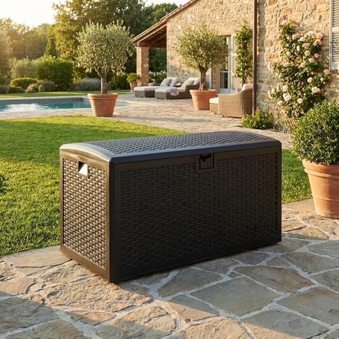 73 Gallon Waterproof Large Resin Deck Box Indoor Outdoor, Lockable Storage Container for Patio Furniture Cushions, Throw Pillows, Garden Tools, and Pool Floats, Black