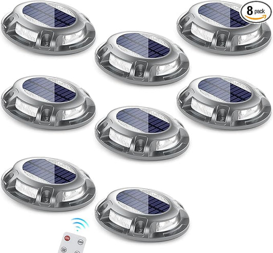 SIEDiNLAR Solar Driveway Light with Remote, 11 RGB Modes, Waterproof Outdoor Safety Light for Driveway Marker Deck Dock Walkway Pathway Step Yard Garden (8 Pack)