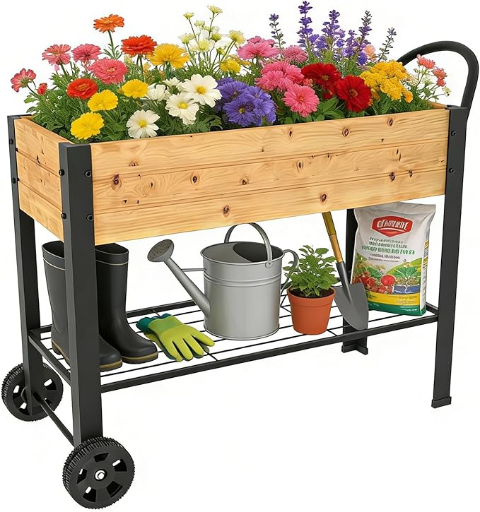 aboxoo Wooden＆Metal Large Planter Raised Beds with Legs Outdoor Planter Box on Wheels Elevated Garden Bed for Vegetables Flower Herb Patio (43" L x 12" W x 31.5" H)