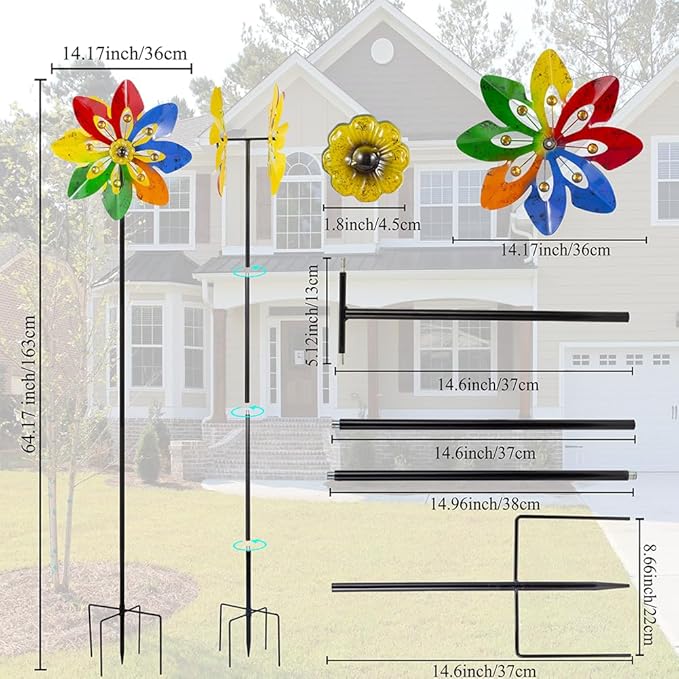 Stargarden Outdoor Wind Spinner, 64 * 14.2" Double Wind Sculptures,Colorful Metal Windmill for Garden Patio Yard Decor