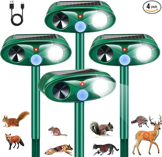4Pack Upgraded Ultrasonic Deer Repellent for Plants Solar Animal Repellent Outdoor with Motion Sensor Strobe Light for Rabbit Cat Deterrent Raccoon Squirrel Fortress Pro Keep Deer Out of Yard Garden