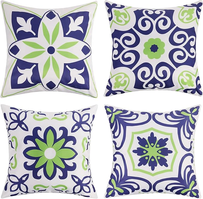 Pyonic Set of 4 Outdoor Pillow Covers 18x18 Waterproof Decorative Throw Pillow Covers Floral Printed Farmhouse Boho Pillowcase for Patio Funiture Garden Navy Blue