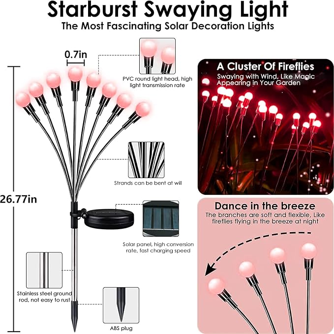 6-Pack Red Solar Outdoor Light for Garden Decorations, 48 LED Super Bright Solar Firefly Lights (Sway by Wind), New Upgraded Fairy Lights Outdoor Waterproof for Outside Pathway Patio Yard Porch(Red) | 2 Lighting Mode, Auto On/Off, Sway with Wind, Water...