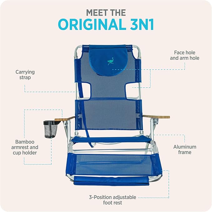 Ostrich the Original 3N1 Lightweight Beach Reclining Lounge Chair with Footrest, Outdoor Furniture for Patio, Balcony, Backyard, or Porch, Blue