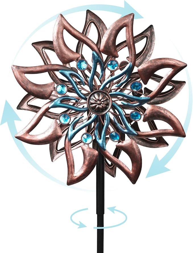 Dahlia Wind Spinner Metal Kinetic Garden Yard Windmill Outdoor Decor | Hand-Crafted Art, Copper & teal dahlia metal spinner, Whisper-quiet dual rotation, Stable ground stake
