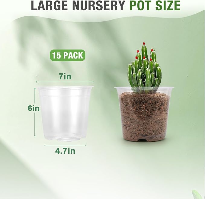 7 Inch Large Clear Nursery Pots with Drainage, 15 Pack Plastic Pots for Plants, Clear Plant Seedling Pots for Indoor & Outdoor Gardening (7 inch)