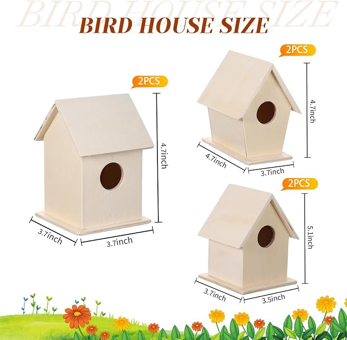 Jetec 12 Pieces Bird House Craft Wooden Birdhouse Kit Build and Paint Birdhouses Unfinished Bird Houses Wooden Arts for Summer Arts and Craft Projects 3 Sizes
