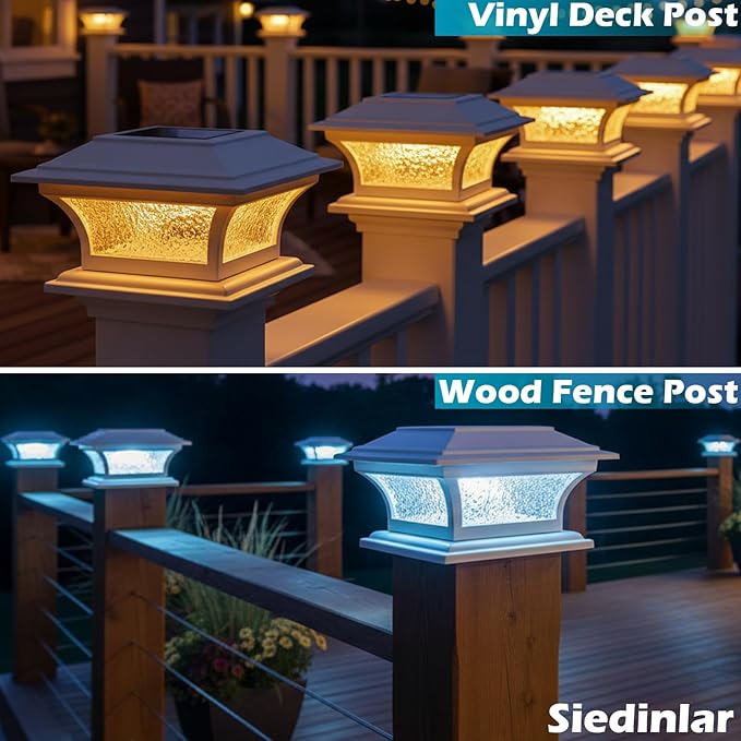 SIEDiNLAR Solar Post Lights Outdoor Glass LED Fence Cap Light 2 Modes for 4x4 5x5 6x6 Posts Patio Deck Garden Decoration Warm White/Cool White Lighting White (2 Pack)