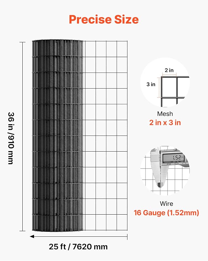 VEVOR Hardware Cloth 36 in x 25 ft, 2 x 3 in Mesh 16 Gauge Galvanized Wire Mesh Roll, Weather-Resistant Vinyl Coated Chicken Wire Fencing, Heavy Duty Welded Garden Plant Fencing for Rabbit Cage Snake