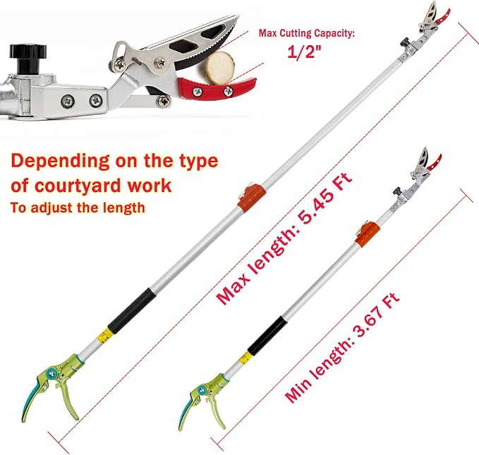 3.67-5.45Ft Extendable Cut & Tree Trimmer for Precision Gardening Pruning & Fruit picking, Long Reach Pruning Shears - Lightweight Aluminum Rust-Resistant Picker, Branch Bypass Loppers(1/2" Max Cut)